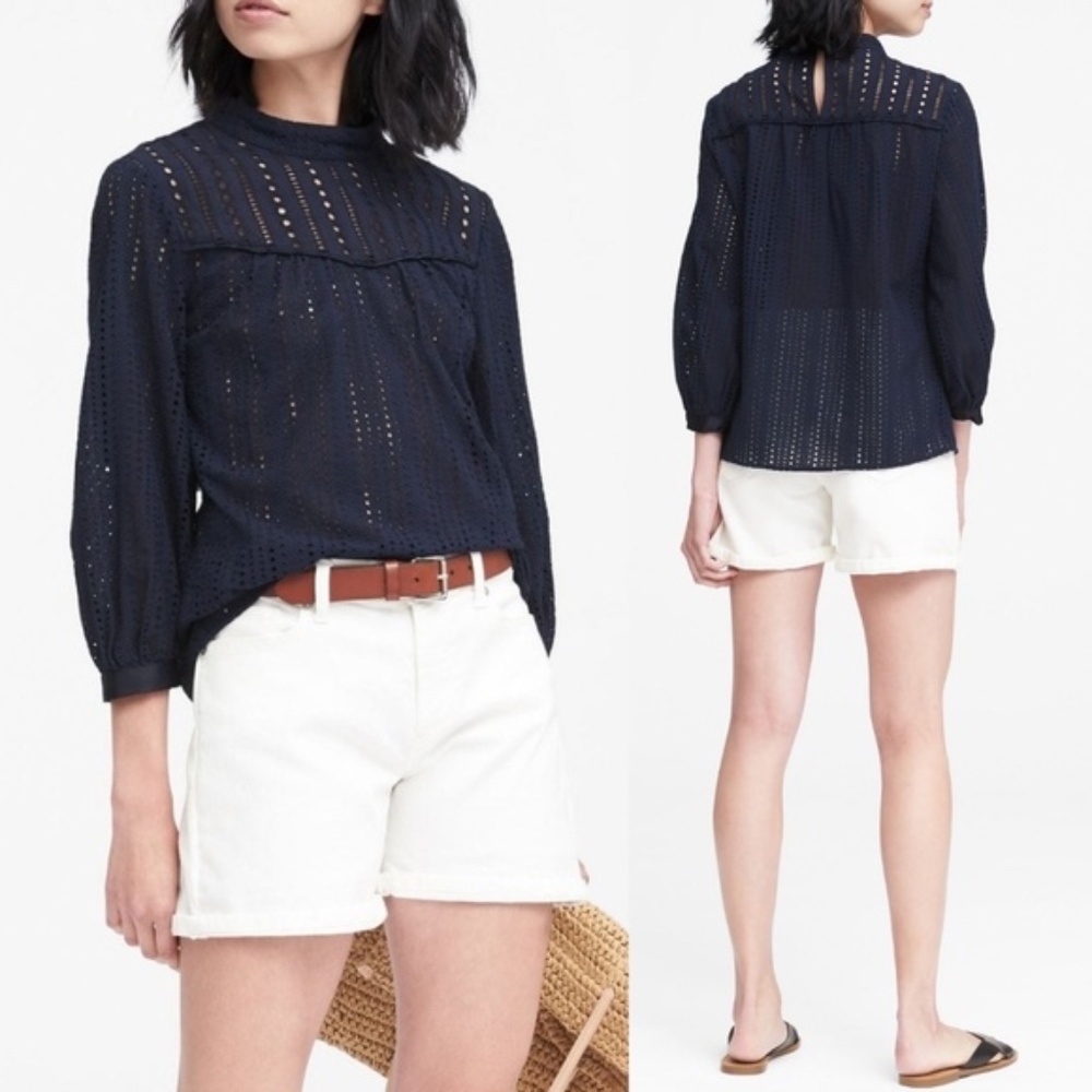 *NWT* Banana Republic Navy Mock Neck Eyelet Lace Blouse
